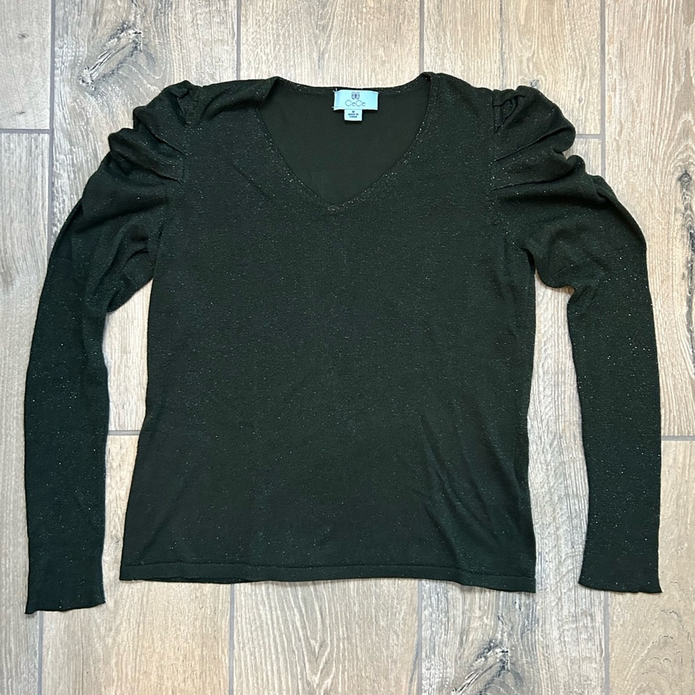 CeCe Green Shimmer Long Sleeve V Neck Blouse/Sweater